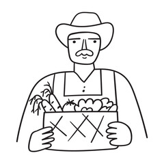 Farmer holding box with vegetables. Vector icon. Outline illustration on white background.