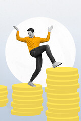 Vertical collage portrait of excited positive guy black white effect walk climb coins pile stack isolated on drawing background