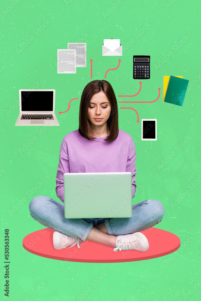 Sticker Vertical collage picture of serious girl use wireless netbook multitask work isolated on green painted background