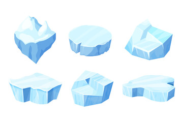 Set Ice floe, frozen water piece, iceberg in cartoon style isolated on white background. Polar landscape element, ui game asset. Winter decoration.