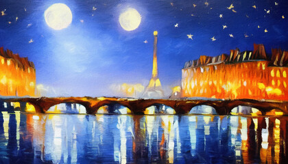 Paris city at night oil painting palette knife on canvas. Starry night and full moon cityscape. Popular touristic place. Trendy wall art print, poster, creative design.