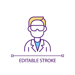 Scientist with goggles and uniform RGB color icon. Lab assistant at work. Professional researching. Isolated vector illustration. Simple filled line drawing. Editable stroke. Arial font used