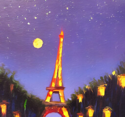 Paris city at night oil painting palette knife on canvas. Starry night and full moon cityscape. Popular touristic place. Trendy wall art print, poster, creative design.