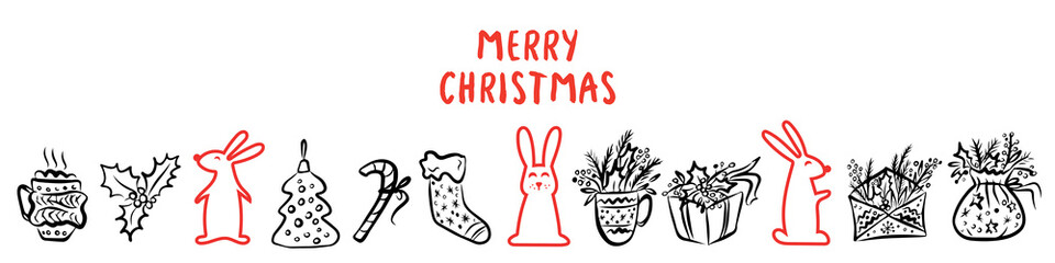 Christmas set - rabbit, cup hot drink, lollipop, gift, ginger man, sock, balls. Hand drawn style. Vector illustration. Merry Christmas. Happy New Year 2023.