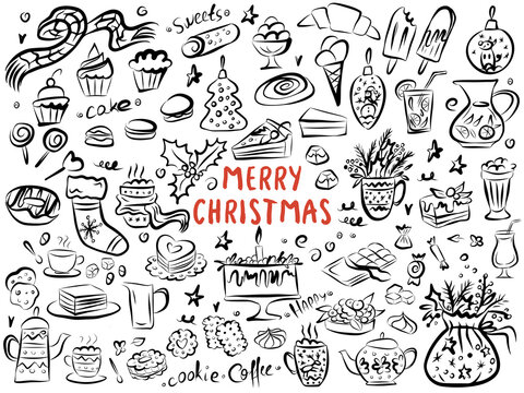 Christmas set - cup hot drink, teapot, lollipop, gift, cookie, sock, balls. Hand drawn style. Vector illustration. Merry Christmas. Happy New Year.