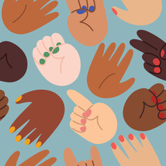 Cute hand drawn vector seamless pattern with diverse female hands with different nail polish