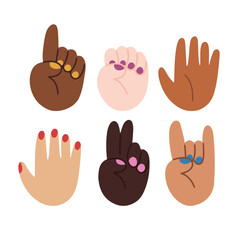 Fototapeta na wymiar Hand drawn set with cute diverse hands with nail polish, pointing on and showing different gestures. Isolated on white vector illustration in doodle style