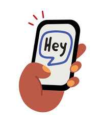 Hand drawn doodle style hand, holding a phone, receiving a message. Isolated on white vector illustration in cartoon style