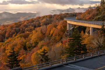 Linn Cove Viaduct In Fall With Low Hanging Clouds