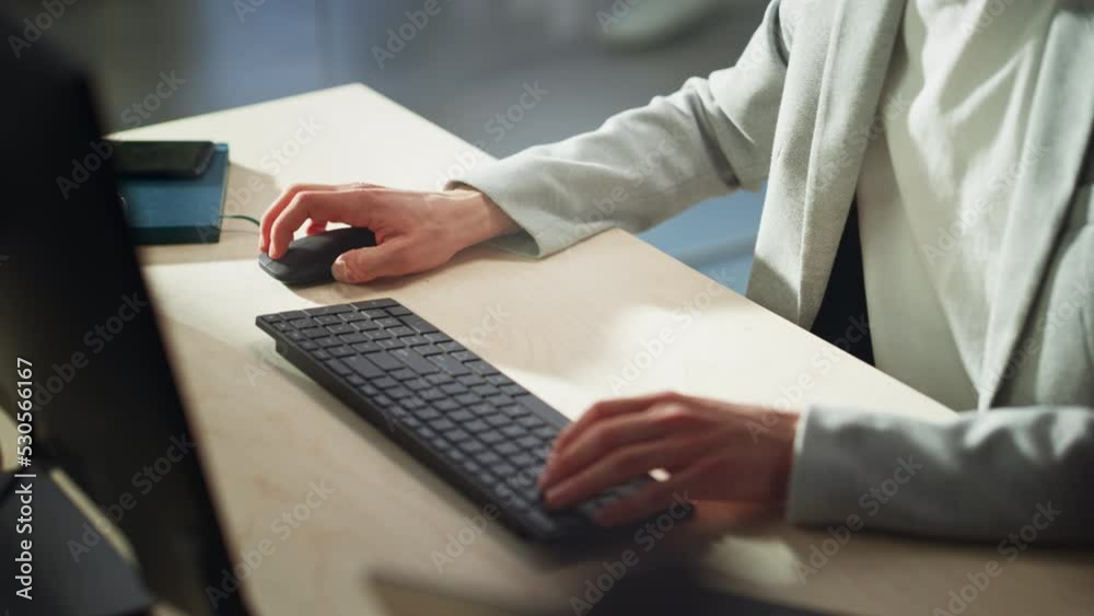 Poster Stylish Male Employee in Gray Casual Blazer Working on Computer in Office During a Sunny Day. Close Up on Hands of a Manager Typing Texts on a Keyboard, Writing Emails and Using Internet.