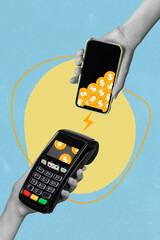 Vertical collage picture of two arms hold post terminal telephone wireless payment connection isolated on drawing background