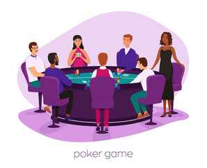 Casino, gaming house flat vector illustration. Cheerful men and woman in dress characters. People playing cards. Casino interior decor. Gambling industry. For design poker web sites.