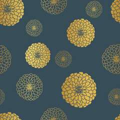 Dahlia Outline in Golden Vector Seamless Pattern - obrazy, fototapety, plakaty