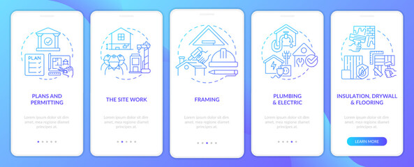 Fototapeta na wymiar Home building phases blue gradient onboarding mobile app screen. Construction walkthrough 5 steps graphic instructions with linear concepts. UI, UX, GUI template. Myriad Pro-Bold, Regular fonts used