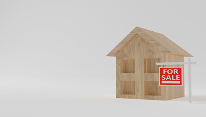 Obraz na płótnie Canvas concept of property or real estate mortgage wooden house with a label or sign for sale on white background. business economy concept. 3d illustration