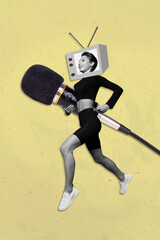Vertical collage picture of running girl black white colors tv instead head hold big microphone...
