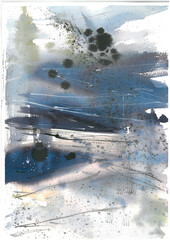 Watercolor blue and black hand drawn abstraction background 