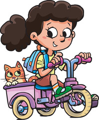 girl rides a tricycle with a cat in the trailer