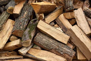 Fototapeta premium Lots of chopped oak firewood. Natural background.