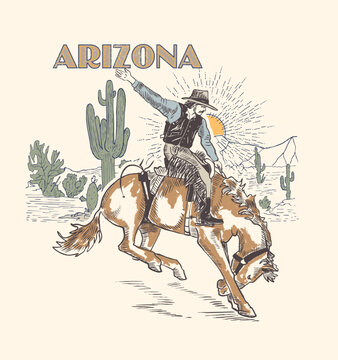 Arizona.Rodeo cowboy riding wild horse on a wooden sign, vector.