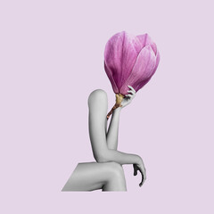 Tenderness. Female body with pink flower instead head over light background. Contemporary art collage. Beauty, art, care, love. Surrealism