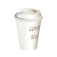 Disposable plastic coffee cup. Vector illustration of a 3D image of a disposable plastic cup for coffee. Sketch for creativity.