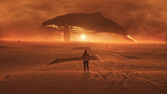 Young female traveller watches whale flying above the desert. Mystical, fantasy, dream scene, a spirit animal or creative video for ecology and extinction topics. 