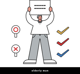 資料を掲げる人のシンプルな線画イラスト　コピースペース