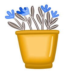 Blue flowers in a pot. Vector illustration isolated on white background.