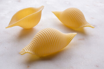 small composition of durum wheat pasta on white marble background
