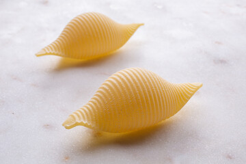 small composition of durum wheat pasta on white marble background