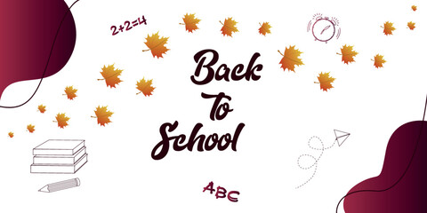 The banner back to school with leaves and decorative element. Vector illustration