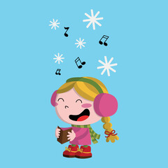 Cute singer girl singing under the snow, Christmas illustration