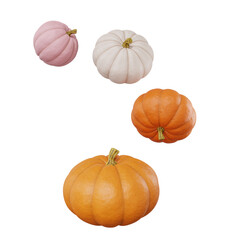 set of four pumpkins of different sizes and shapes for halloween isolated white background 3d render. Holiday food. Party decoration. Space background. Cute symbol.