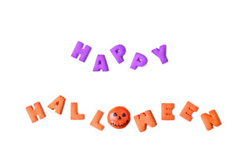 Text of HAPPY HALLOWEEN Spelled with alphabet cookies and Jack O Lantern Doughnut on transparent...