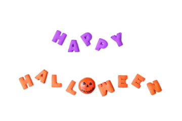 Text of HAPPY HALLOWEEN Spelled with alphabet cookies and Jack O Lantern Doughnut on transparent background, png file
