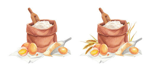 Watercolor composition of a bag of flour, wheat, eggs and brown sugar. Perfect for postcards, cookbook design and recipe books