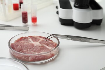 Sample of cultured meat on white lab table