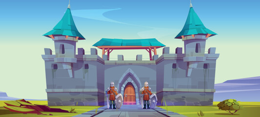 Medieval guard stand at castle gates, fairytale knights defend ancient fortress with turrets and stone walls. Fantasy magic or historical antique architecture, game scene Cartoon vector illustration © klyaksun