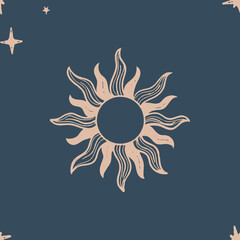 illustration of a sun with stars in dark blue and beige