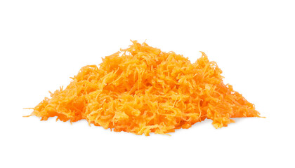 Pile of fresh grated carrot on white background