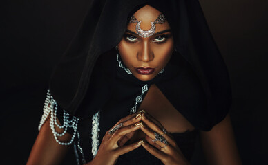 Portrait fantasy african american woman dark queen. Halloween Girl voodoo witch, black costume...