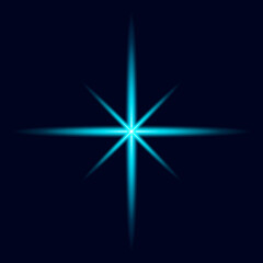 Turquoise light glow star. Spotlight, lightning effect, lens flare. Isolated vector illustration, dark blue background. Asset for overlay, texture, montage, collage. Tech concept.