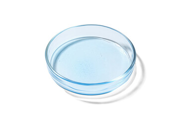 Petri dish with liquid on white background