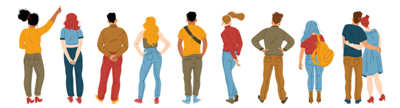 Back view of young people standing in row on white background. Flat male, female characters behind collection. Students in casual clothes, woman pointing finger, man with hands on belt, couple hugging