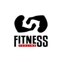two hand showing bicep for gym studio logo. fitness logo vector template.