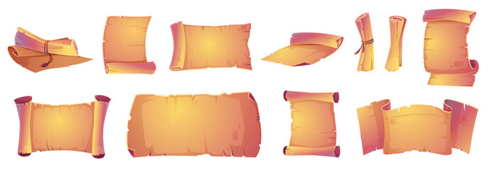 Ancient parchment scrolls, old manuscripts. Black antique letters, rolled up documents, empty vintage yellow paper sheets isolated on white background, vector cartoon set