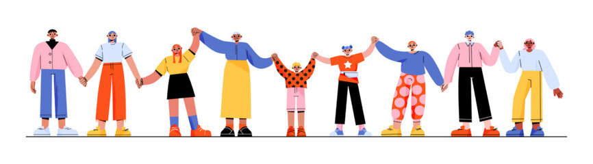 Happy people holding hands isolated on white background. Flat male, female, senior, young characters and children standing in row together. Symbol of friendship, unity and support. Vector illustration