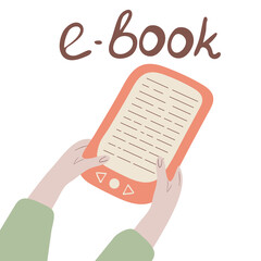 Ebook in hands. Design element for e-learning. Education concept illustrations