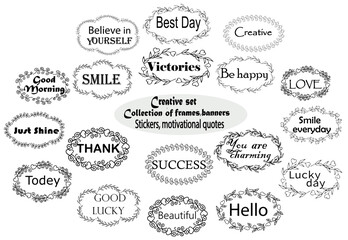 Set of botanical wreaths with lettering, quotes, with motivational wishes, stickers with text. Wreaths of leaves and branches. Hand drawing. Vector.